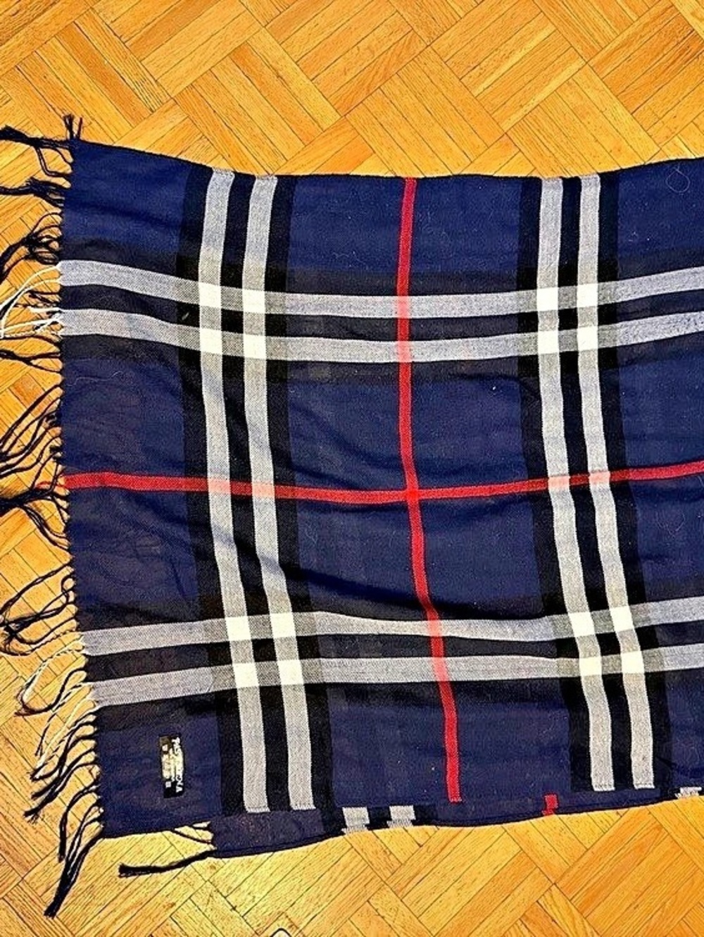 Pashmina Plaid Fringe Scarf in Blue & Red